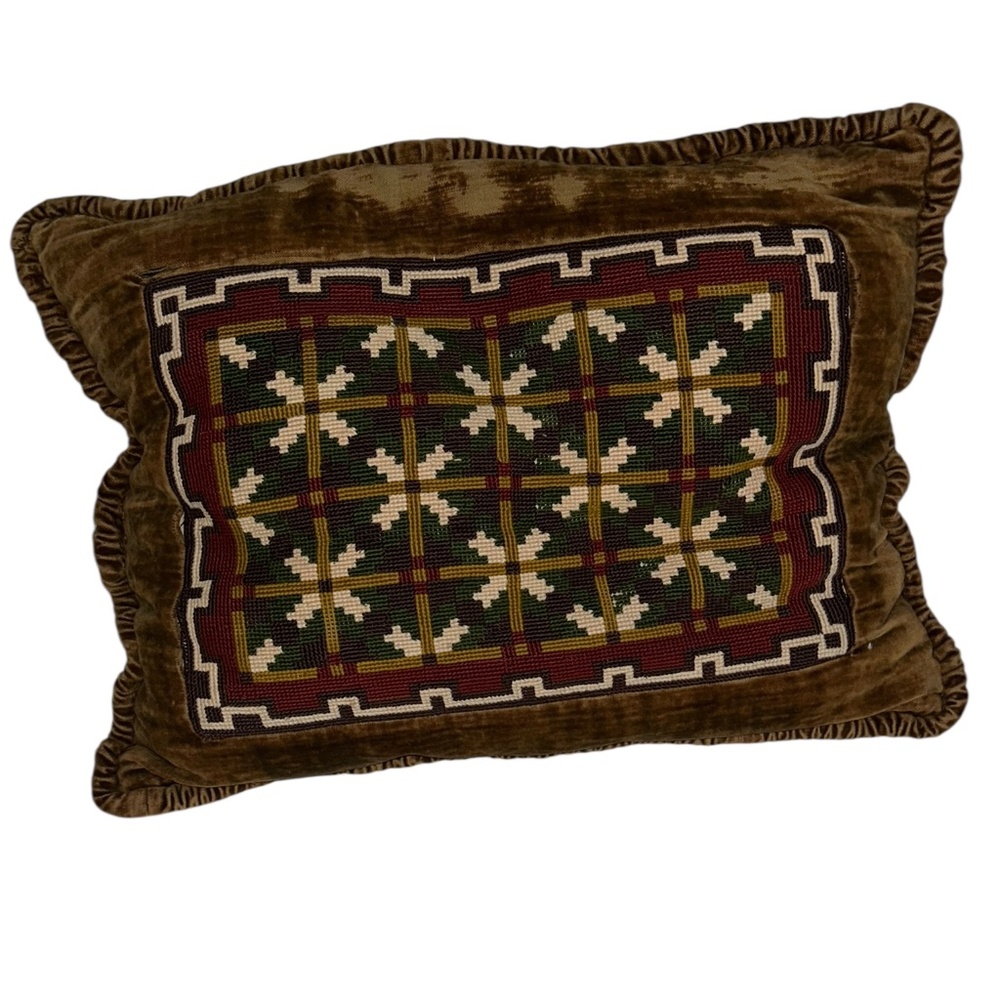 antique needlepoint earthy browns velvet backed pillow